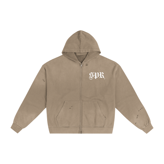 Hand-Frayed Zip-Up